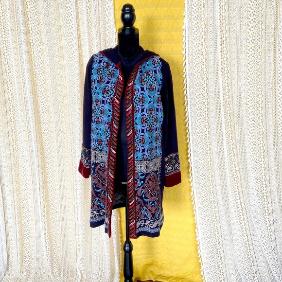Soft Surroundings Lysa Embroidered Sweater Coat Beaded Detail Hooded Cardigan M - Picture 3 of 10